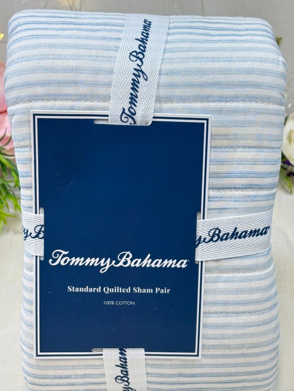 Tommy Bahama Standard Quilted Shams 100% Cotton Weekend Stripe Blue White Set 2